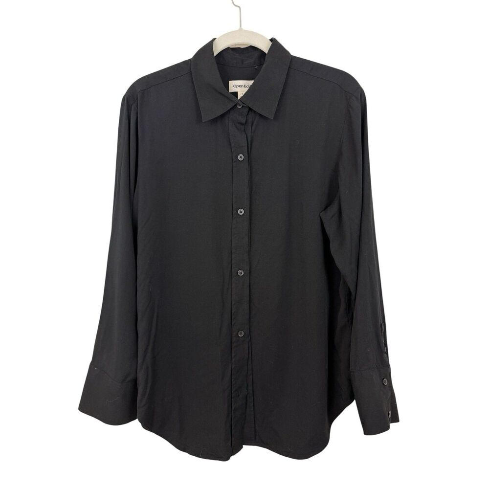 Open Edit Nordstrom Button Up Shirt Womens Sz S Black Rayon Lyocell Relaxed Fit